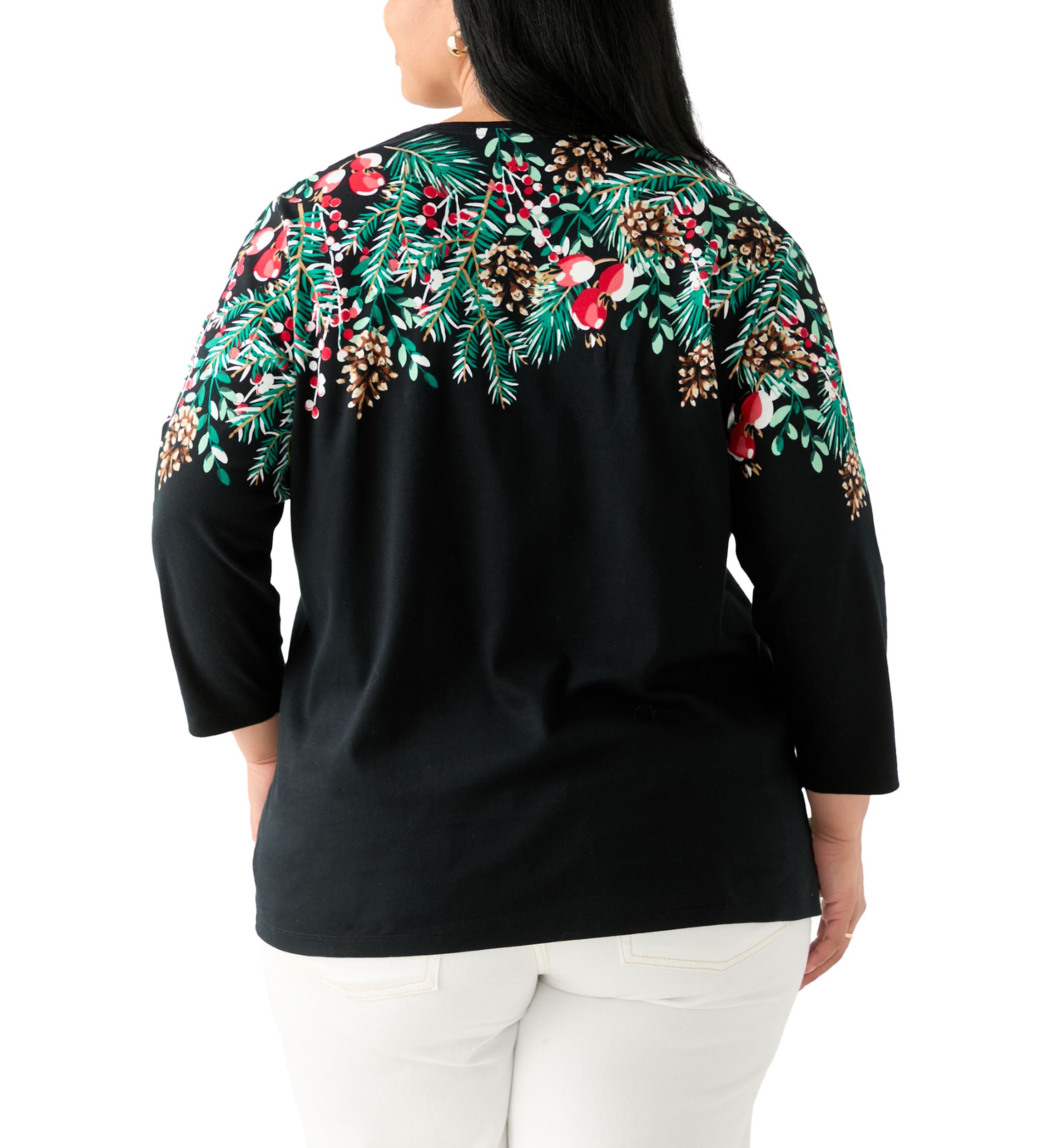 Plus Size Three-Quarter Sleeve Crew Neck Placement Print Top