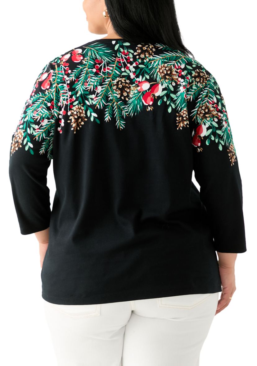 Plus Size Three-Quarter Sleeve Crew Neck Placement Print Top