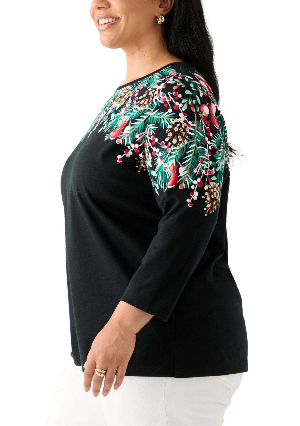 Plus Size Three-Quarter Sleeve Crew Neck Placement Print Top