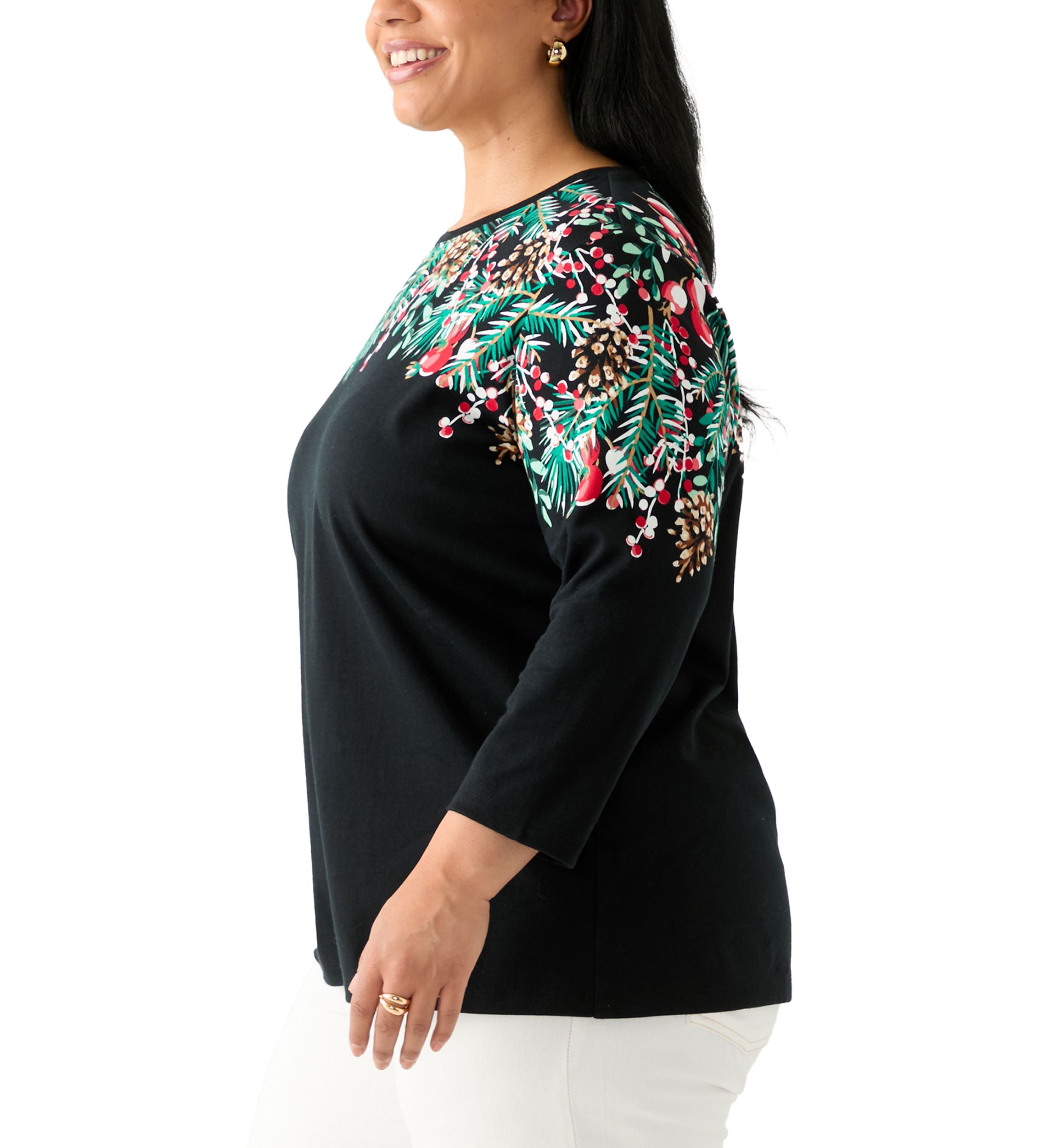 Plus Size Three-Quarter Sleeve Crew Neck Placement Print Top