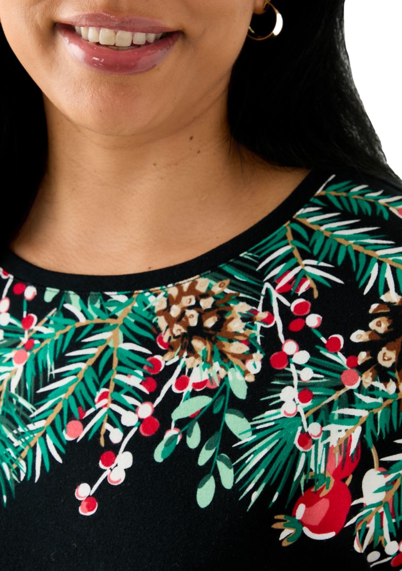 Plus Size Three-Quarter Sleeve Crew Neck Placement Print Top