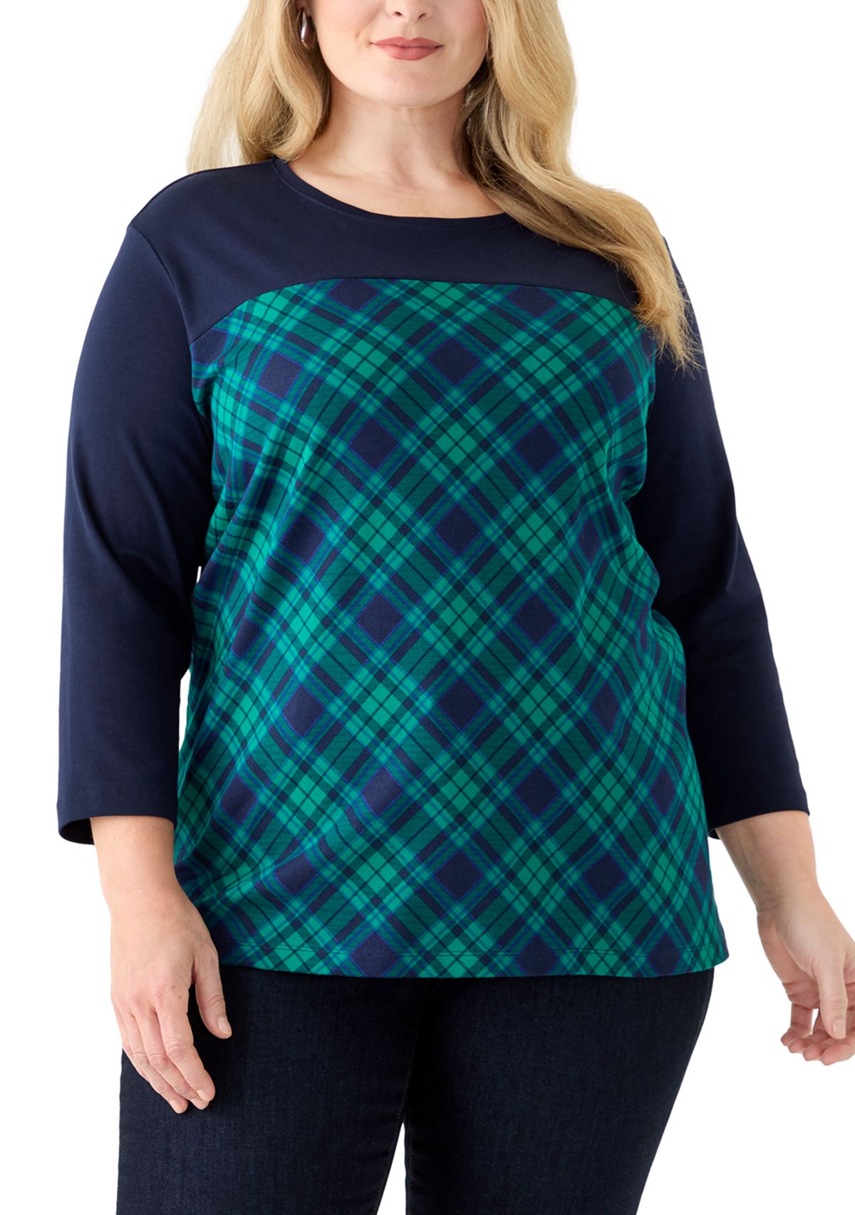 Plus Size 3/4 Sleeve Crew Neck Pieced Yoke T-Shirt
