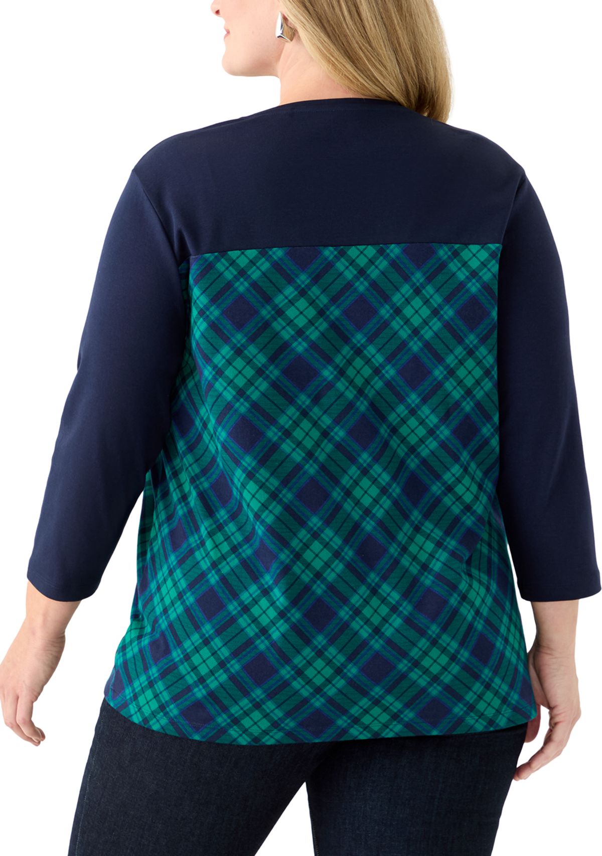 Plus Size 3/4 Sleeve Crew Neck Pieced Yoke T-Shirt