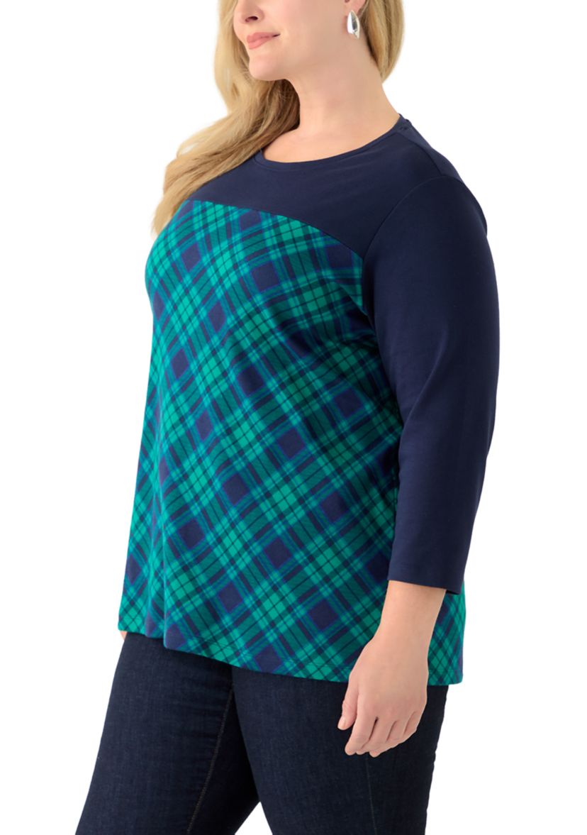 Plus Size 3/4 Sleeve Crew Neck Pieced Yoke T-Shirt