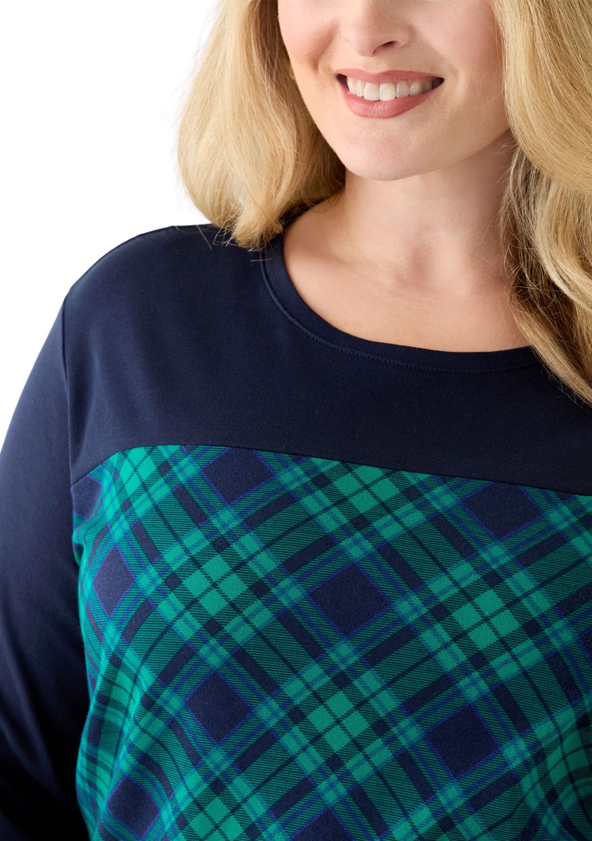 Plus Size 3/4 Sleeve Crew Neck Pieced Yoke T-Shirt