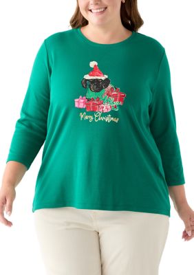 Kim Rogers Women's Plus Size Three-Quarter Sleeve Holiday Graphic T-Shirt, 3X