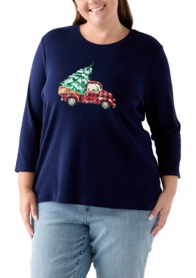 Kim Rogers Women's Plus Size Three-Quarter Sleeve Holiday Graphic T-Shirt, Red, 2X