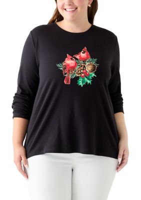 Kim Rogers Women's Plus Size Long Sleeve Holiday Graphic T-Shirt
