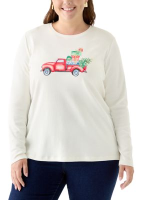 Kim Rogers Women's Plus Size Long Sleeve Holiday Graphic T-Shirt, Red, 3X