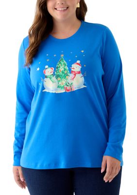 Kim Rogers Women's Plus Size Long Sleeve Holiday Graphic T-Shirt, Blue, 1X