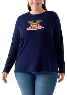 Kim Rogers Women's Plus Size Long Sleeve Holiday Graphic T-Shirt, Navy Blue, 3X