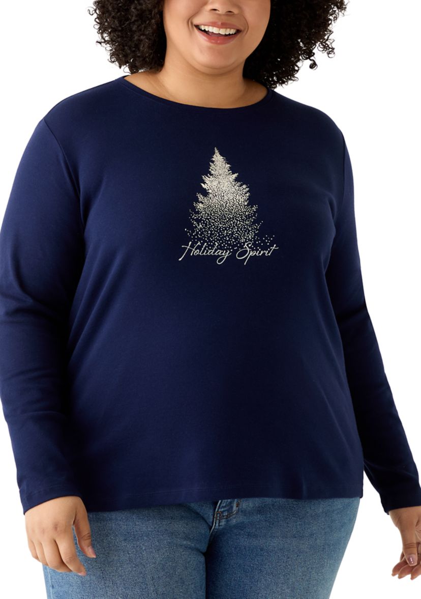 Plus Size Long Sleeve Holiday Graphic T-Shirt