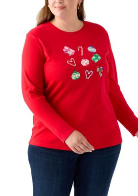 Kim Rogers Women's Plus Size Long Sleeve Holiday Graphic T-Shirt, Red, 1X