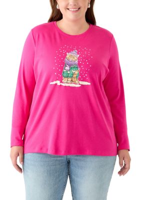 Kim Rogers Women's Plus Size Long Sleeve Holiday Graphic T-Shirt, Pink, 2X
