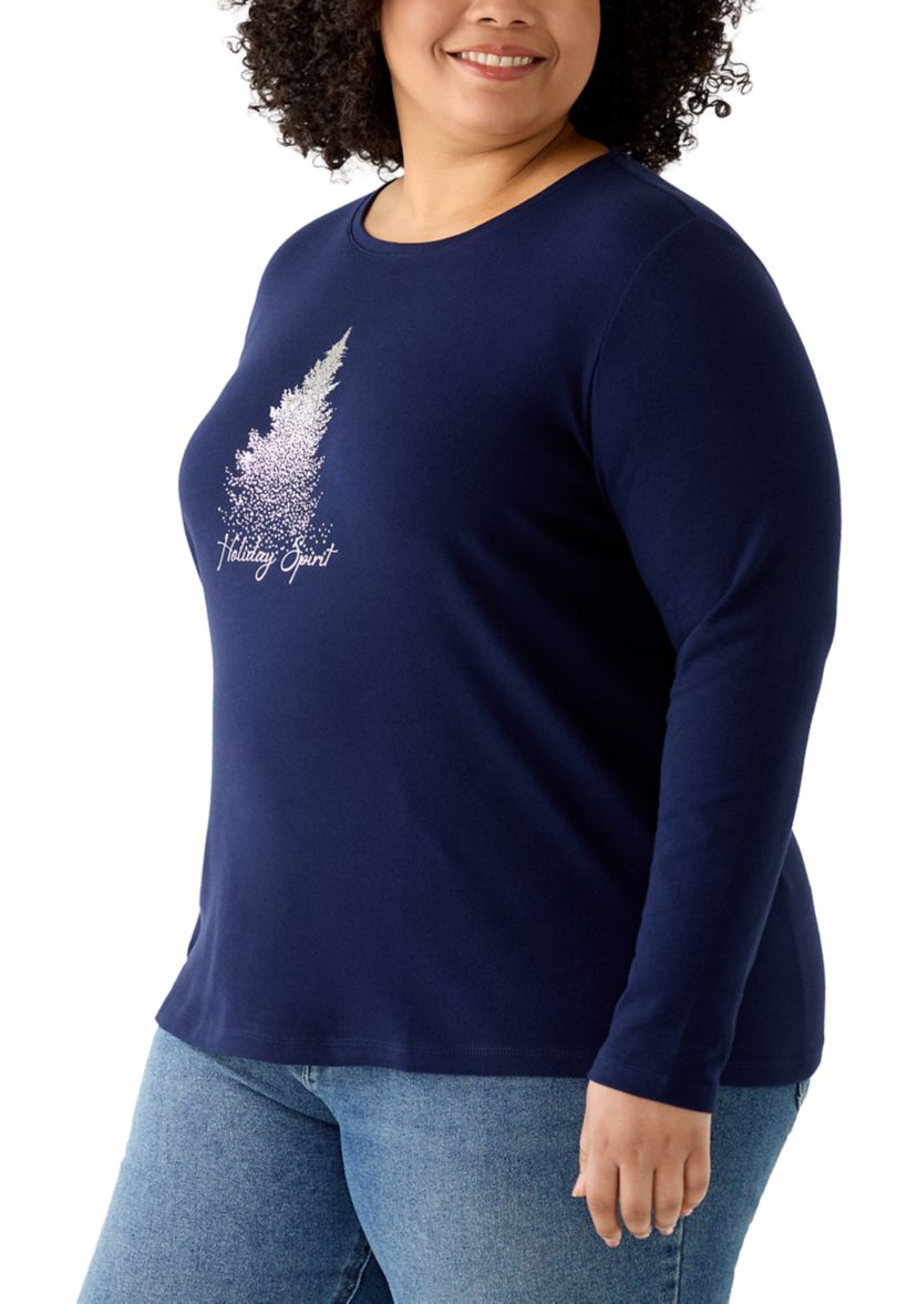 Plus Size Long Sleeve Holiday Graphic T-Shirt