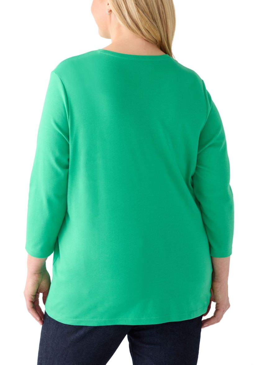 Plus Size 3/4 Sleeve Crew Neck Fashion Solid Shirt