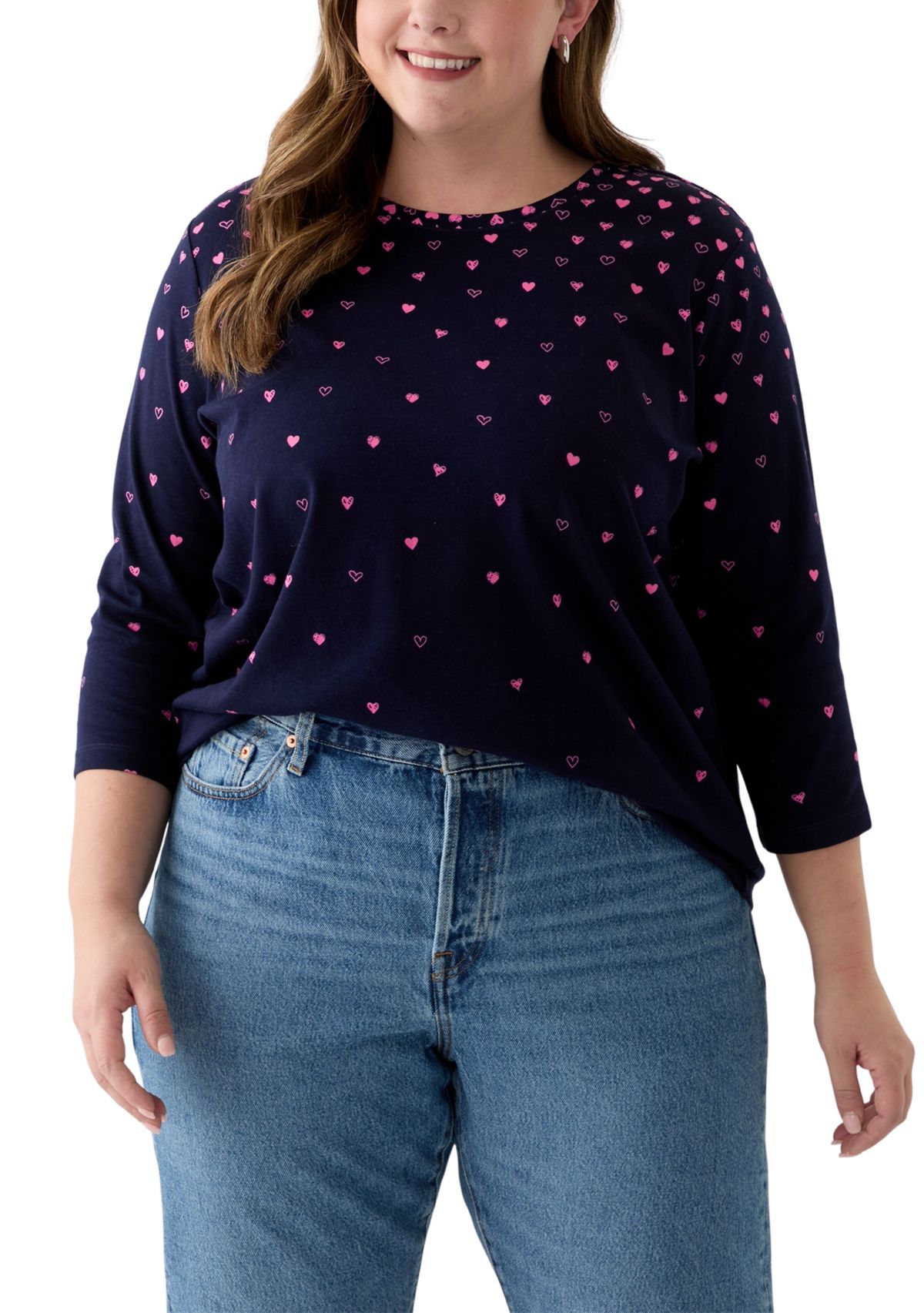 Plus Size 3/4 Sleeve Crew Neck Placement Print T-Shirt