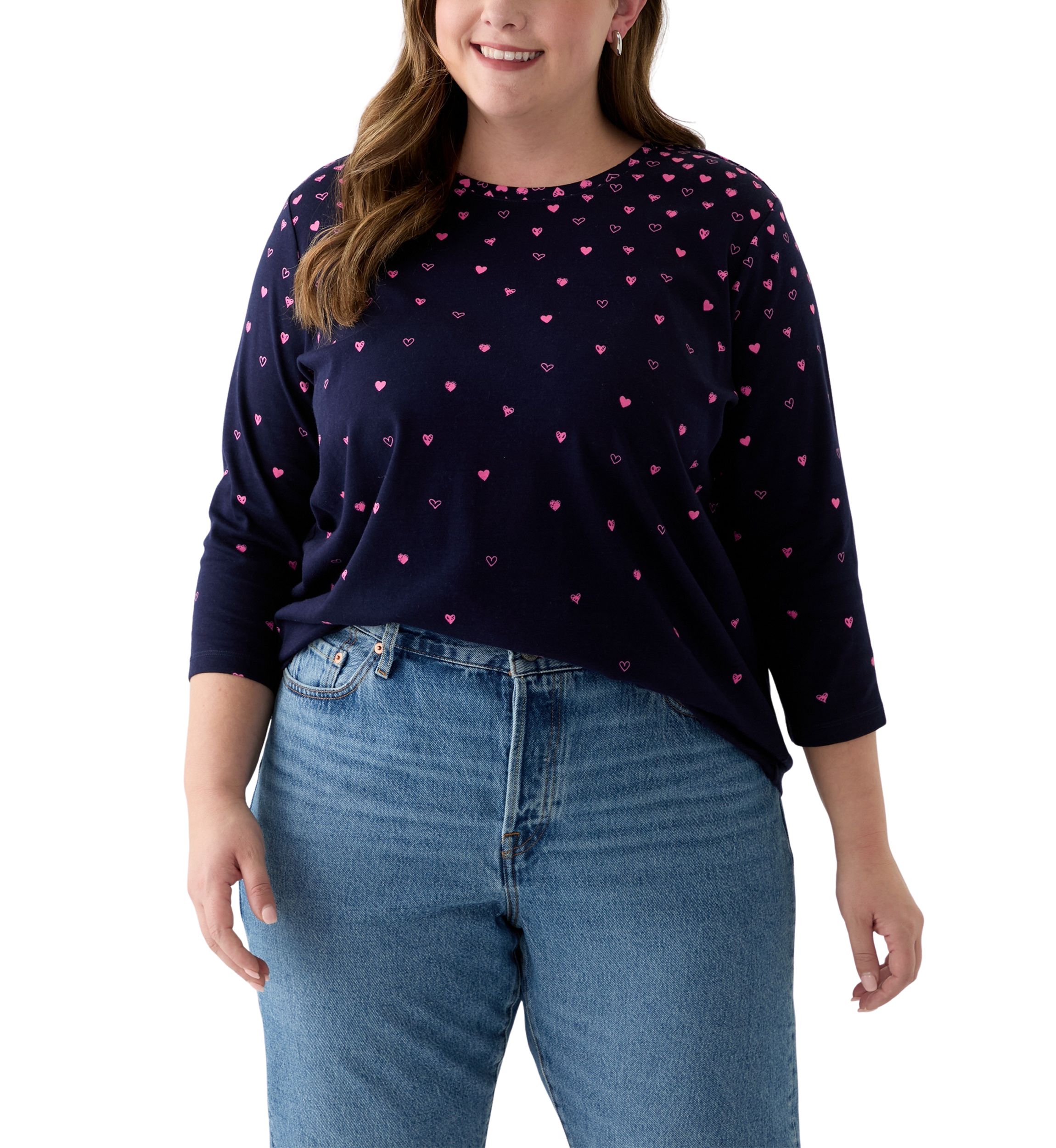 Plus Size 3/4 Sleeve Crew Neck Placement Print T-Shirt