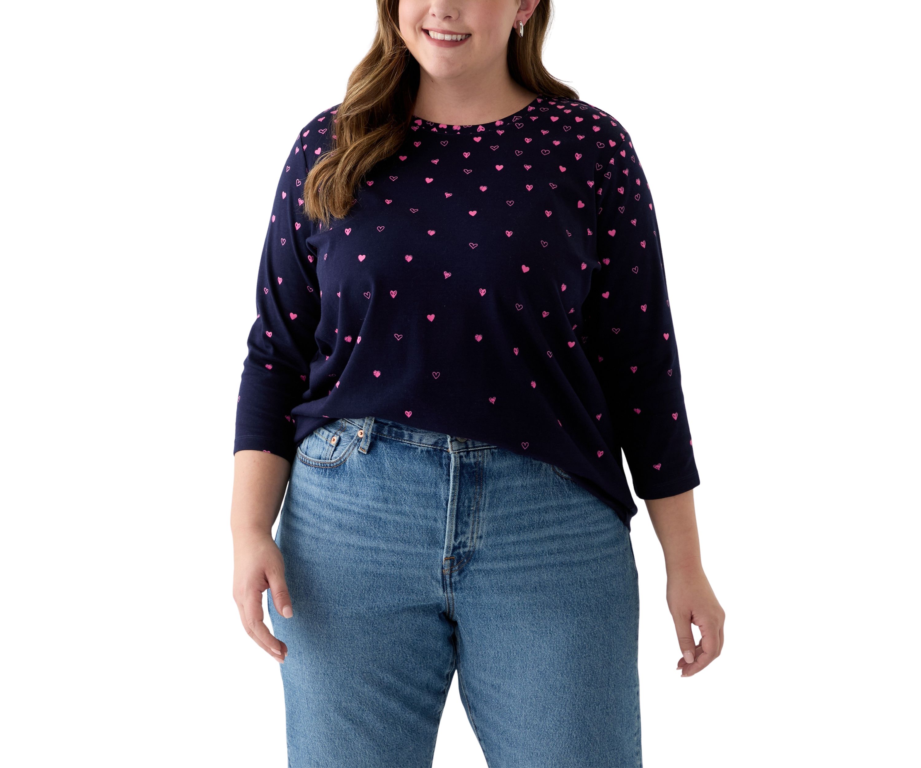 Plus Size 3/4 Sleeve Crew Neck Placement Print T-Shirt