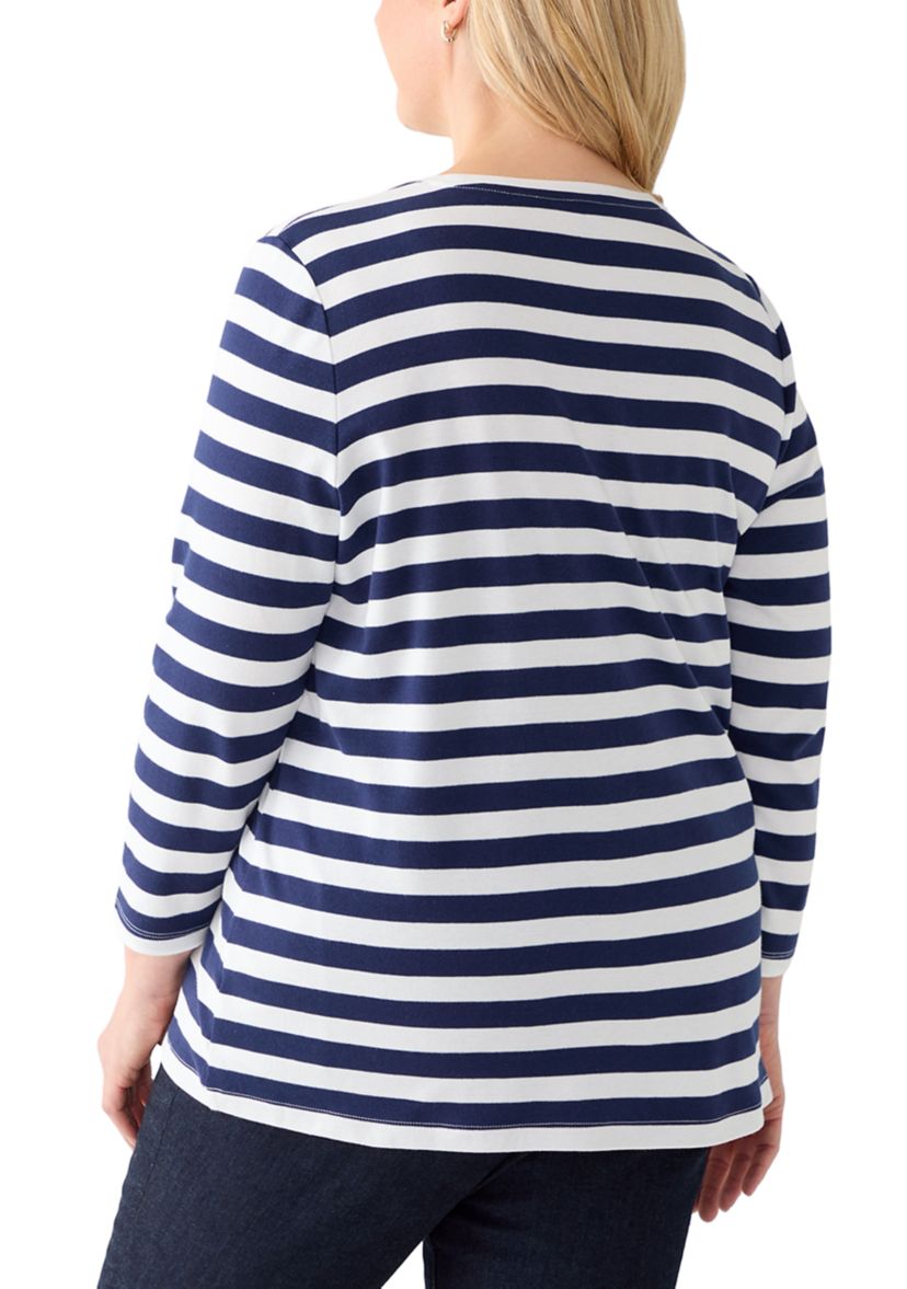 Plus Size 3/4 Sleeve Yarn Dyed Graphic T-Shirt