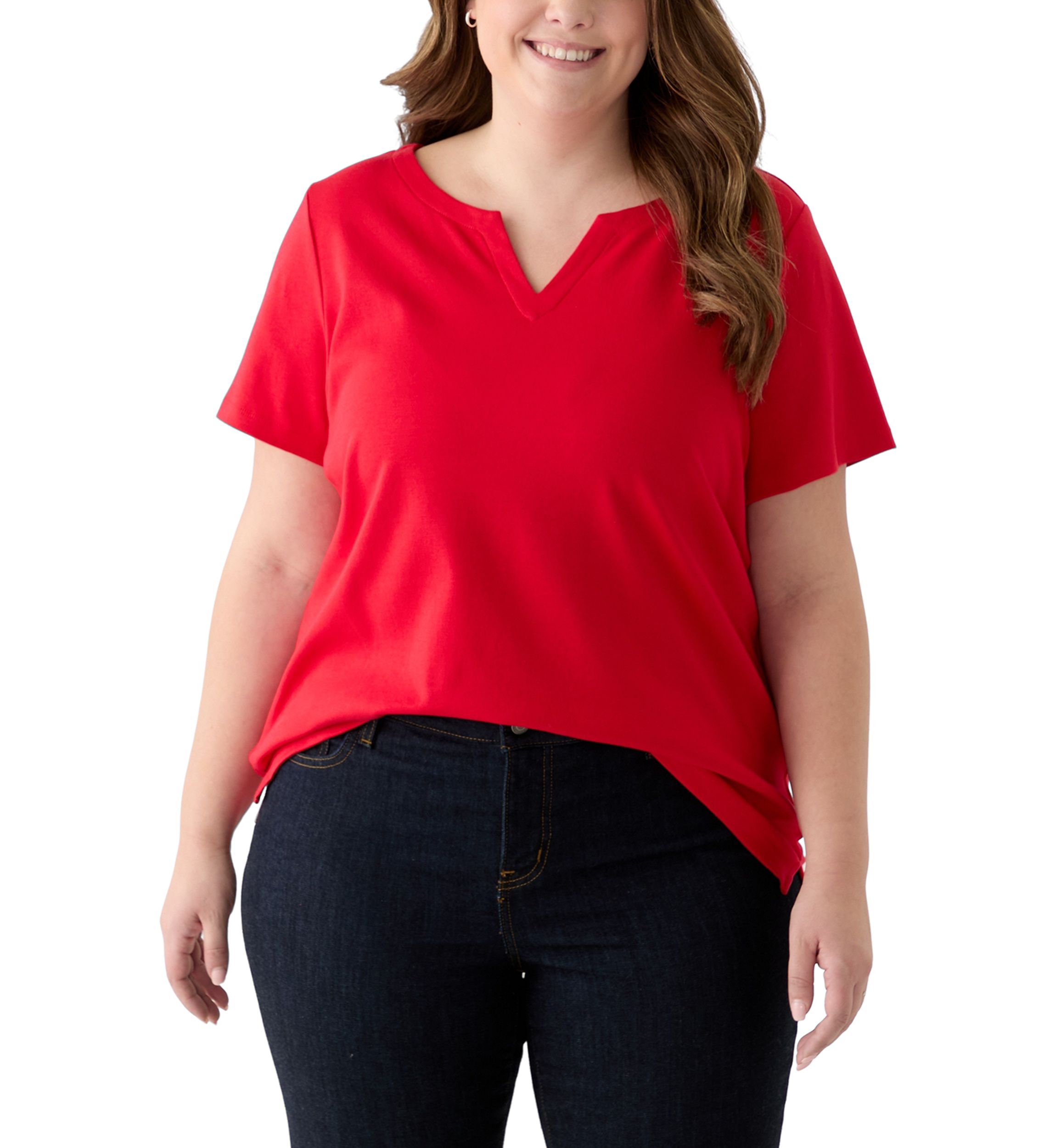 Plus Size Short Sleeve Split Neck Solid T-Shirt