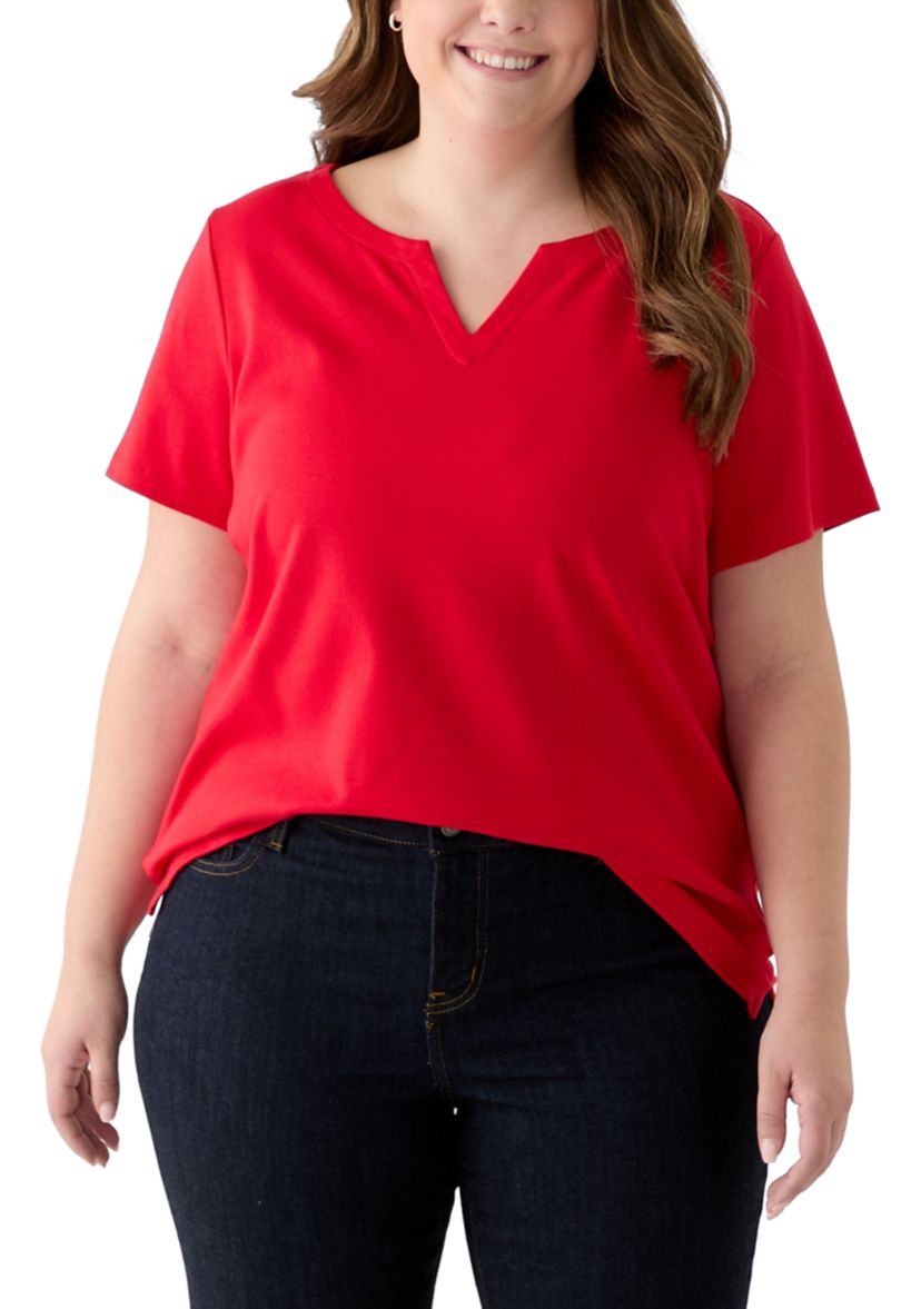 Plus Size Short Sleeve Split Neck Solid T-Shirt