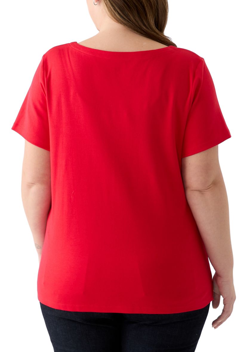 Plus Size Short Sleeve Split Neck Solid T-Shirt