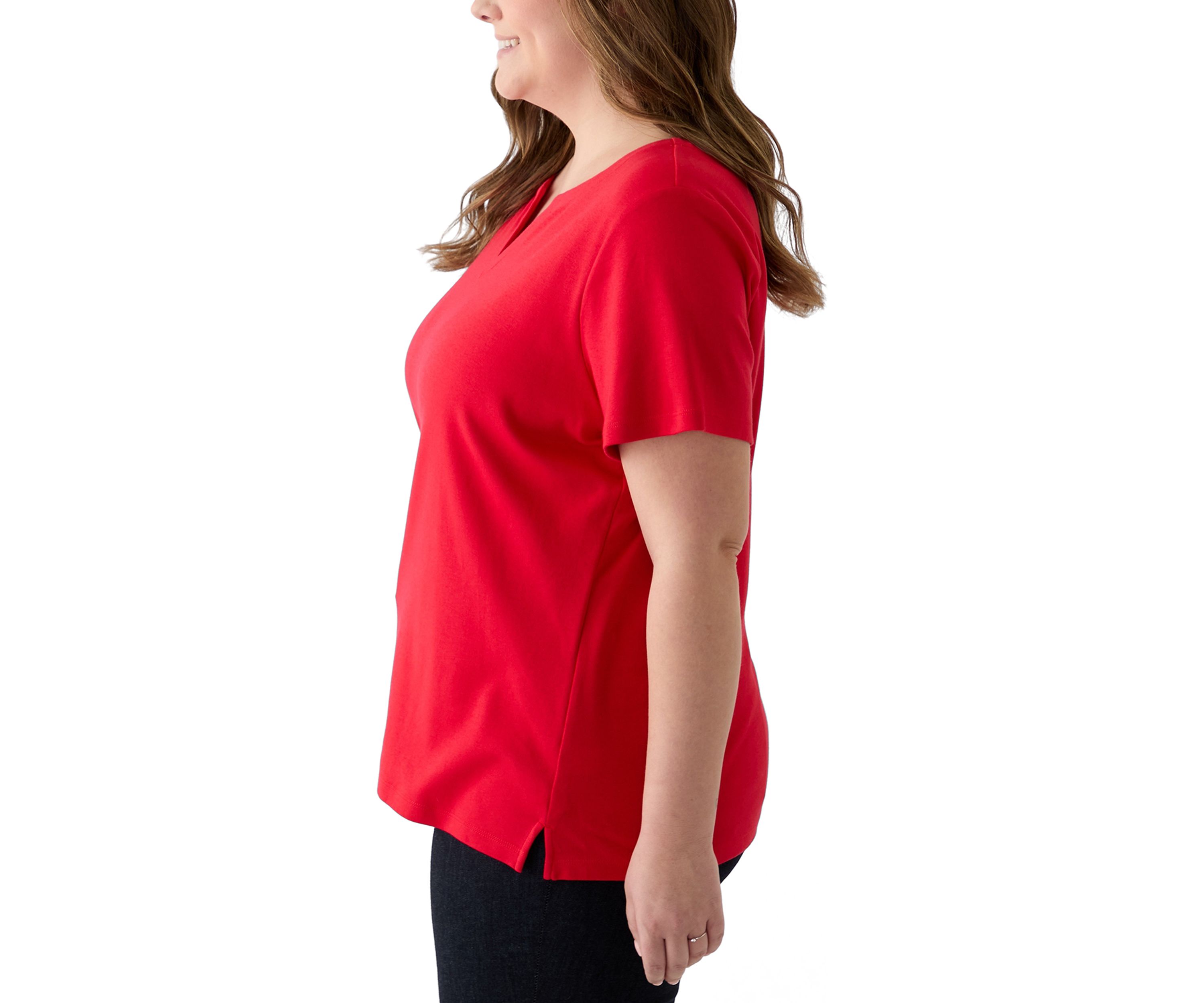 Plus Size Short Sleeve Split Neck Solid T-Shirt