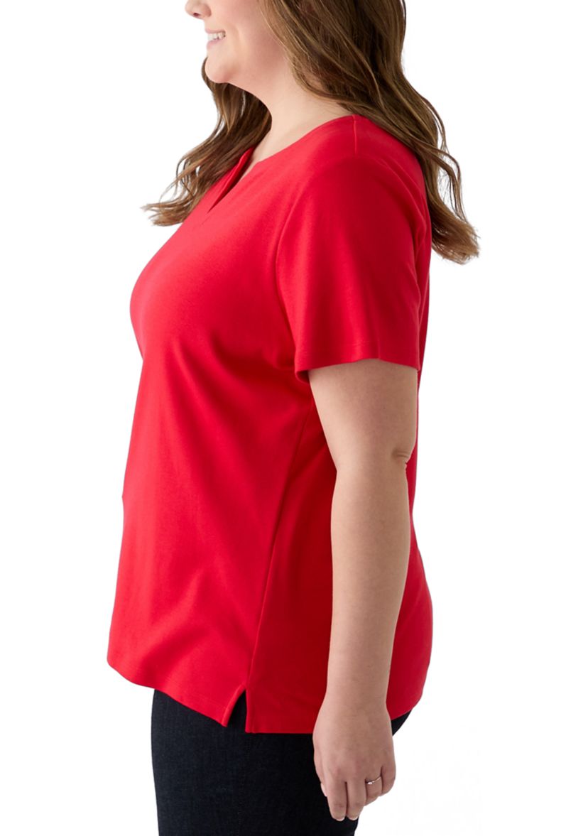 Plus Size Short Sleeve Split Neck Solid T-Shirt