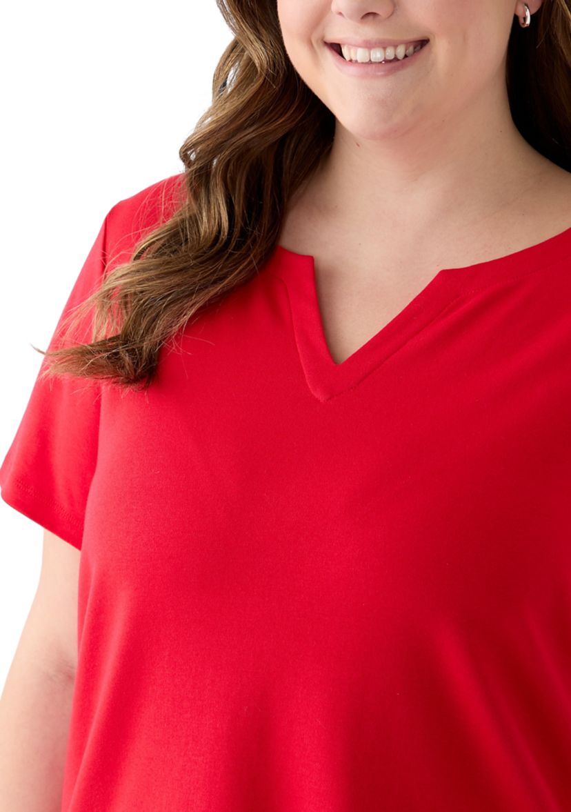 Plus Size Short Sleeve Split Neck Solid T-Shirt