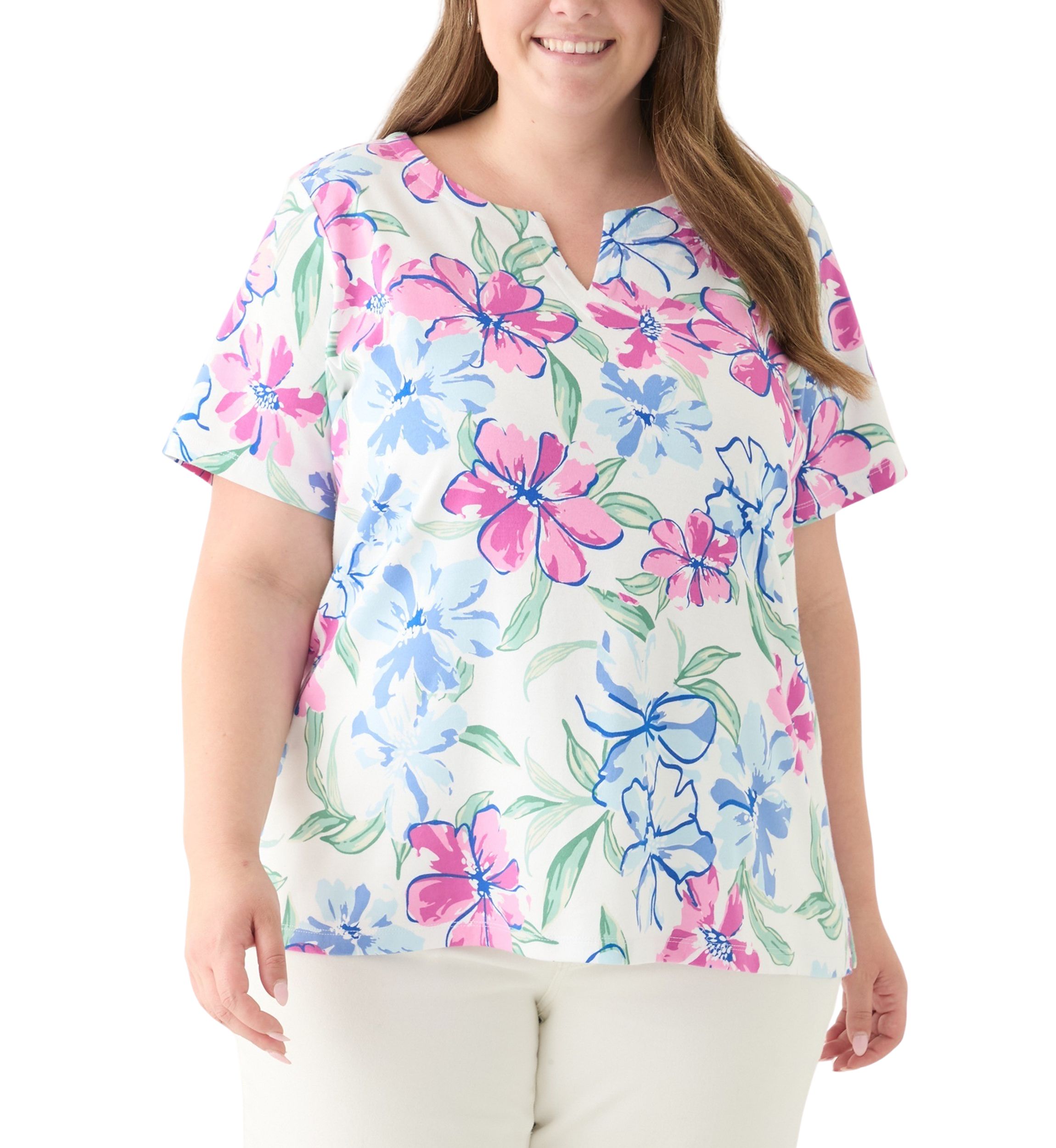 Plus Size Short Sleeve Split Neck Printed Top