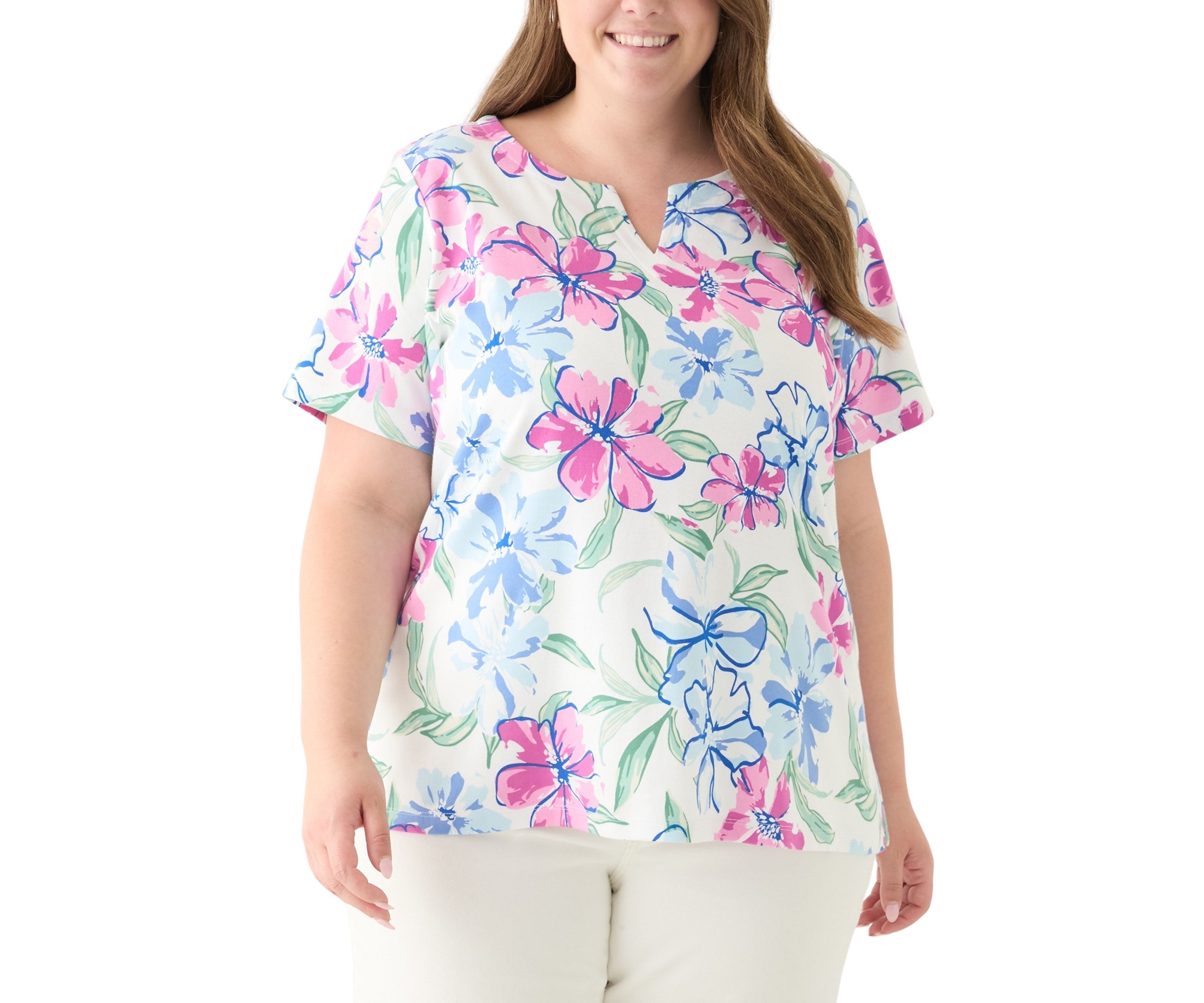 Plus Size Short Sleeve Split Neck Printed Top