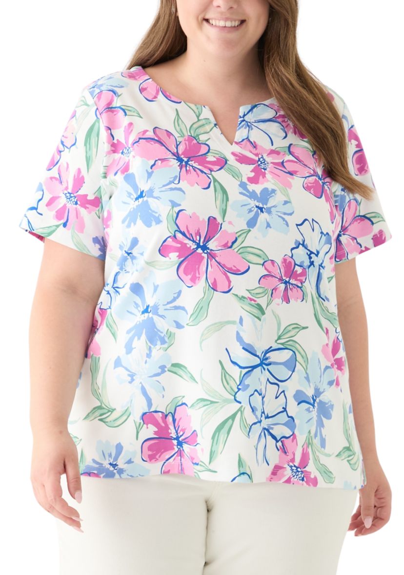 Plus Size Short Sleeve Split Neck Printed Top