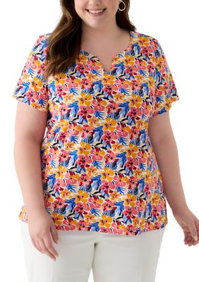 Kim Rogers Women's Plus Size Short Sleeve Split Neck Printed Top, Orange, 1X