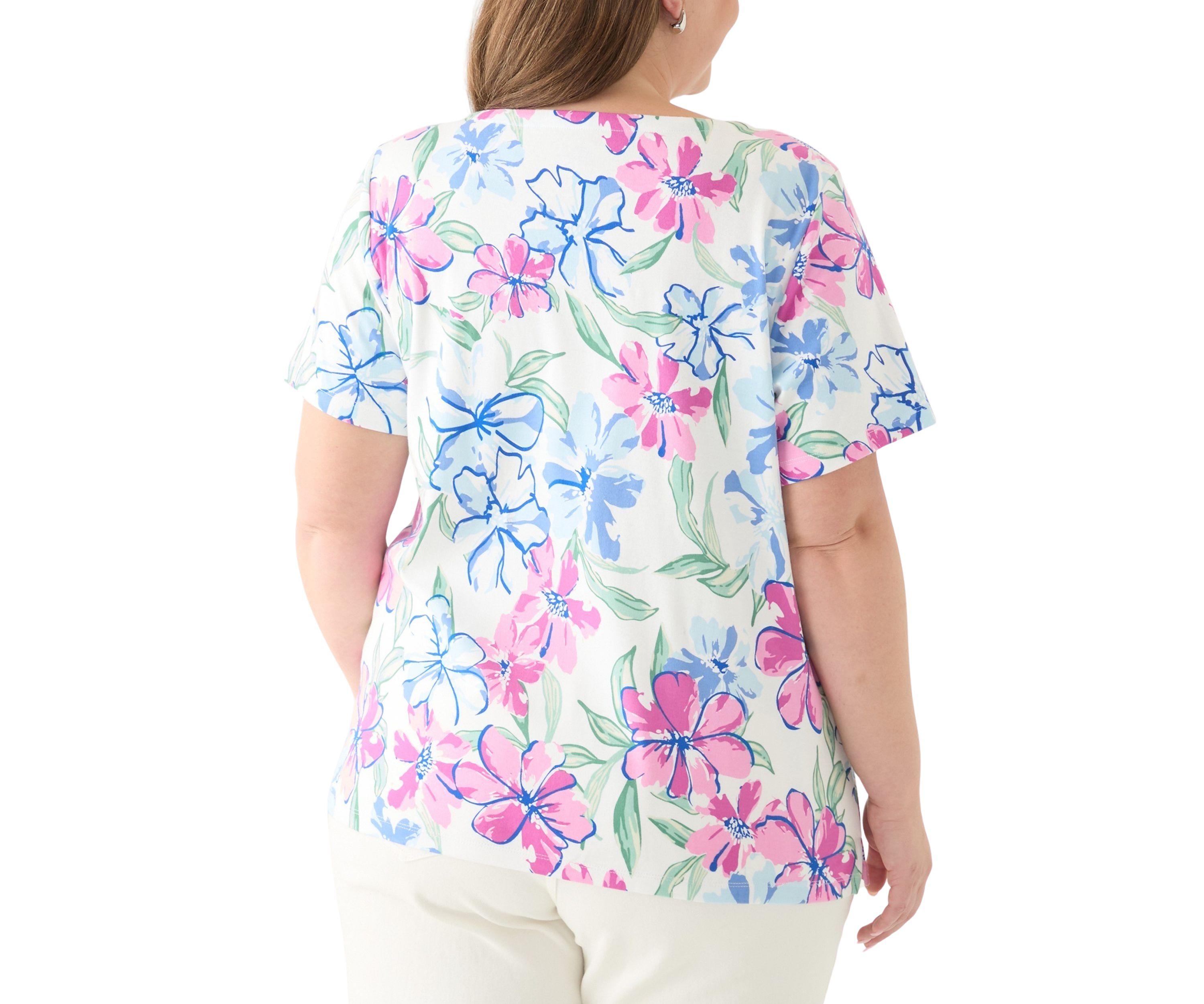 Plus Size Short Sleeve Split Neck Printed Top