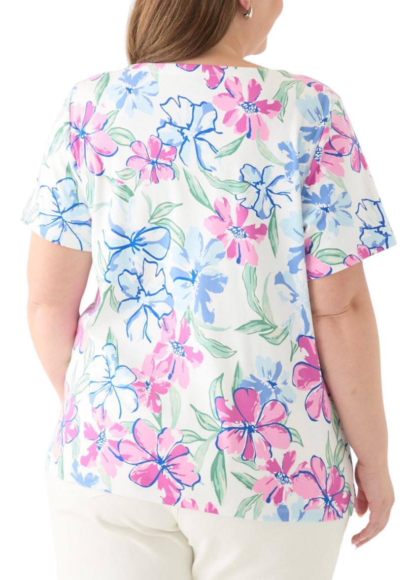 Plus Size Short Sleeve Split Neck Printed Top