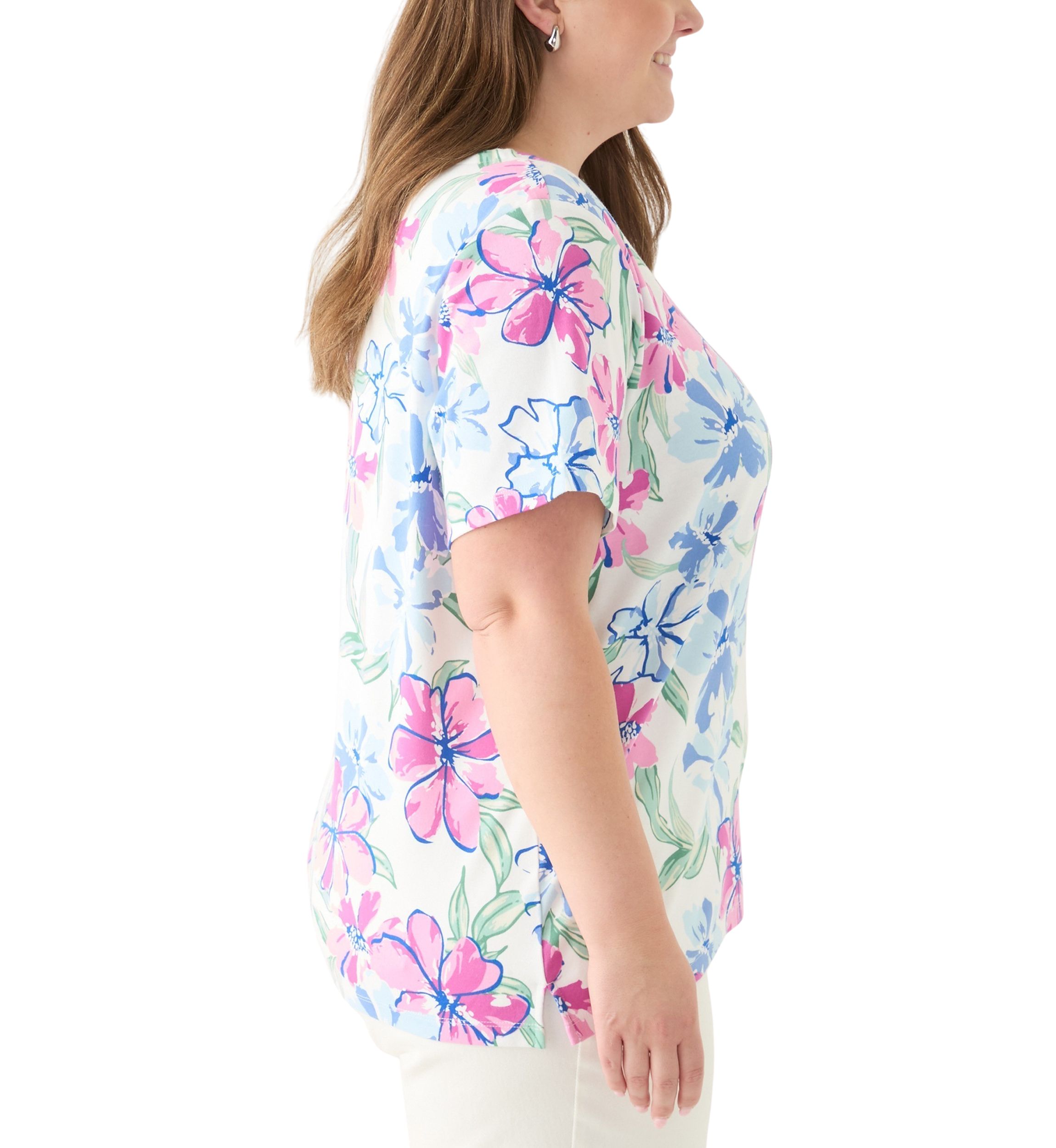Plus Size Short Sleeve Split Neck Printed Top