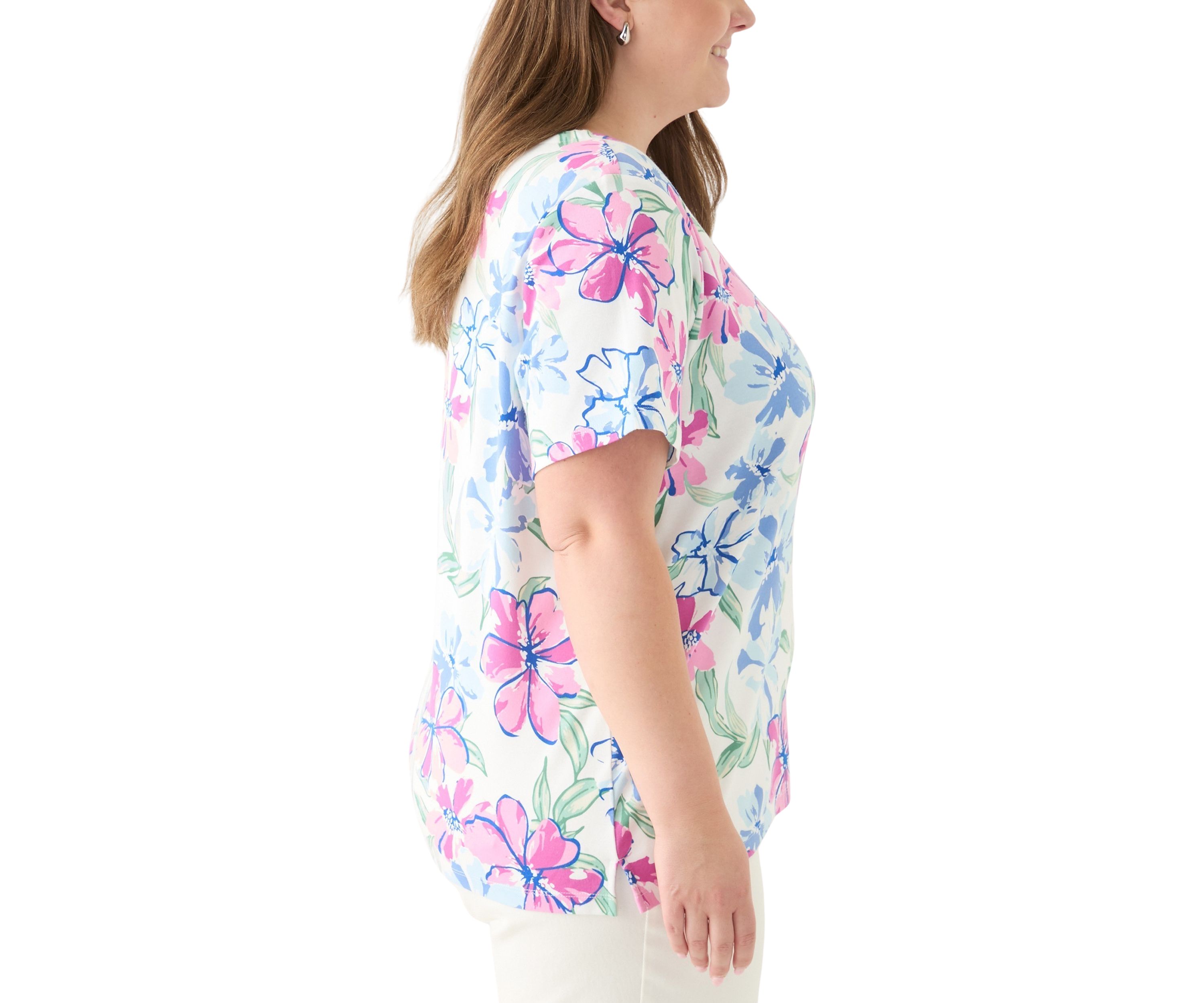 Plus Size Short Sleeve Split Neck Printed Top