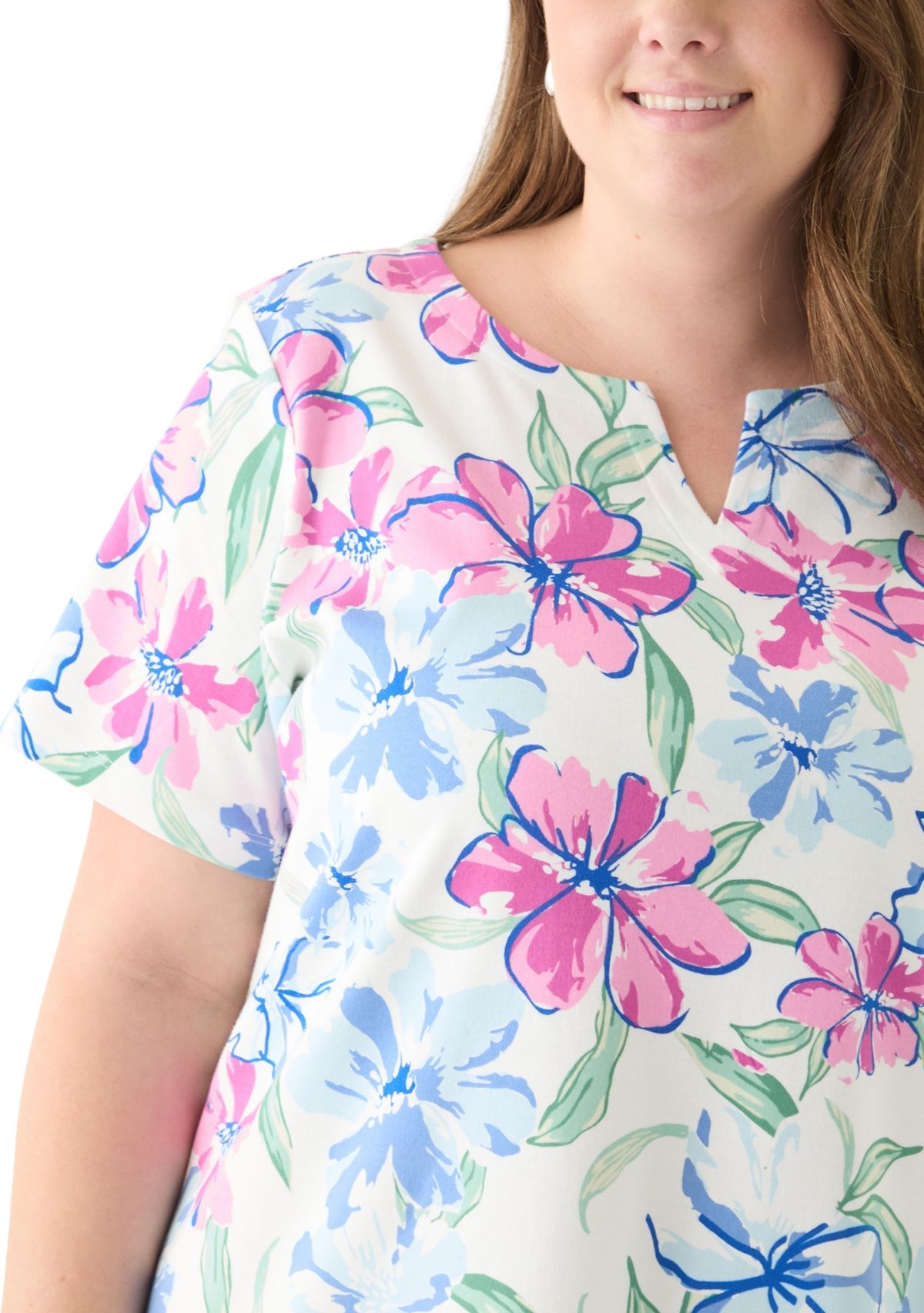 Plus Size Short Sleeve Split Neck Printed Top