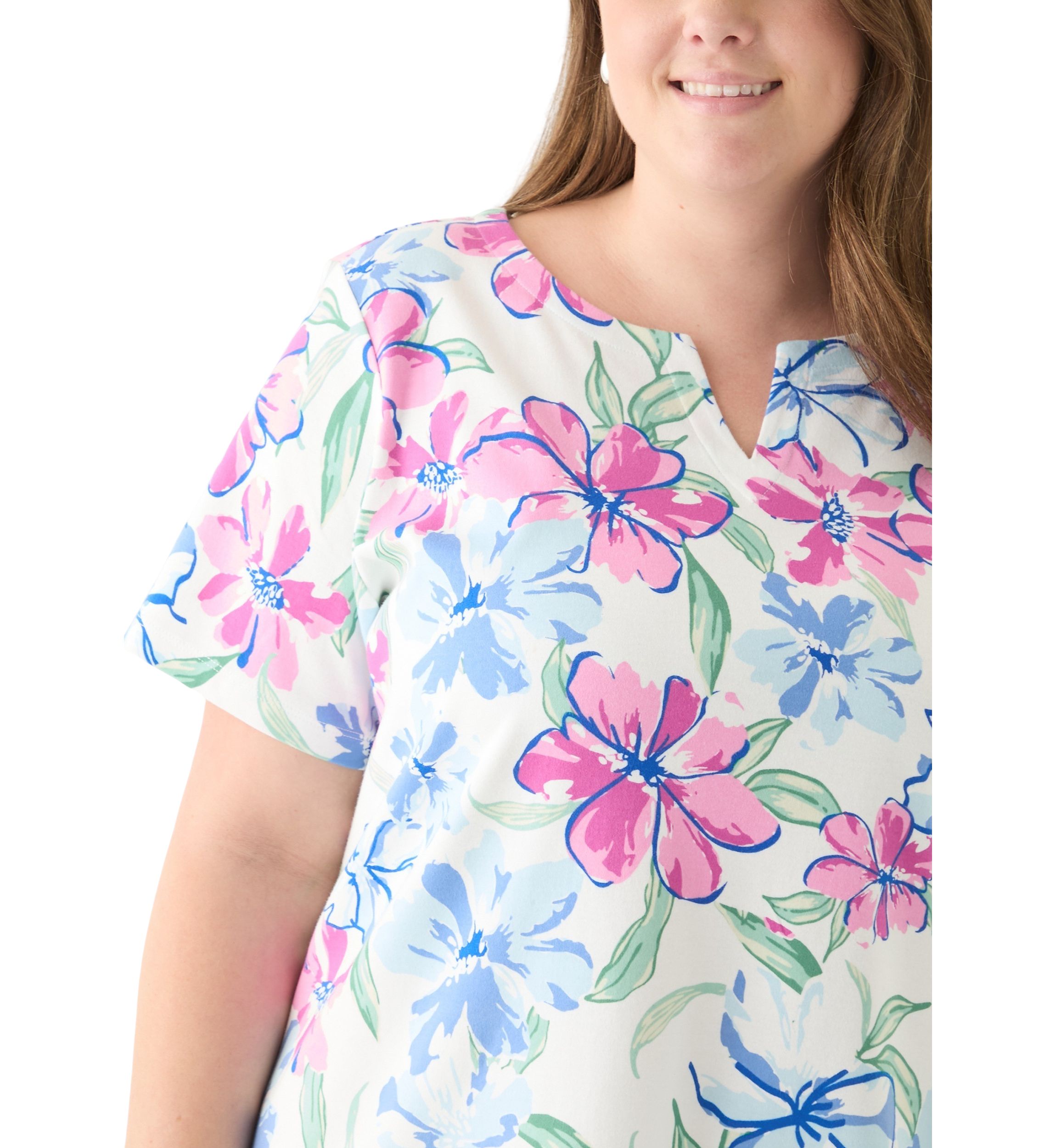 Plus Size Short Sleeve Split Neck Printed Top