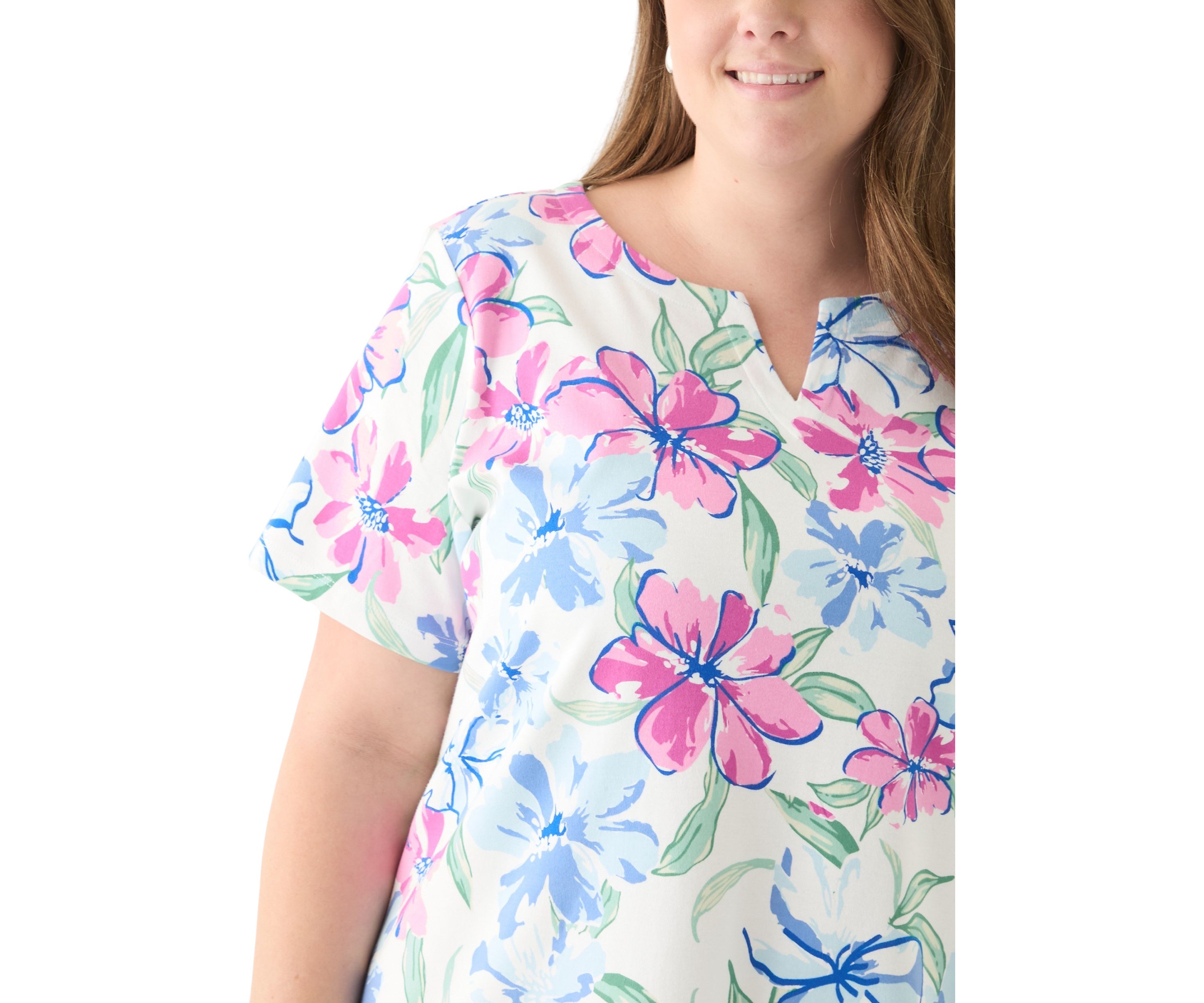 Plus Size Short Sleeve Split Neck Printed Top