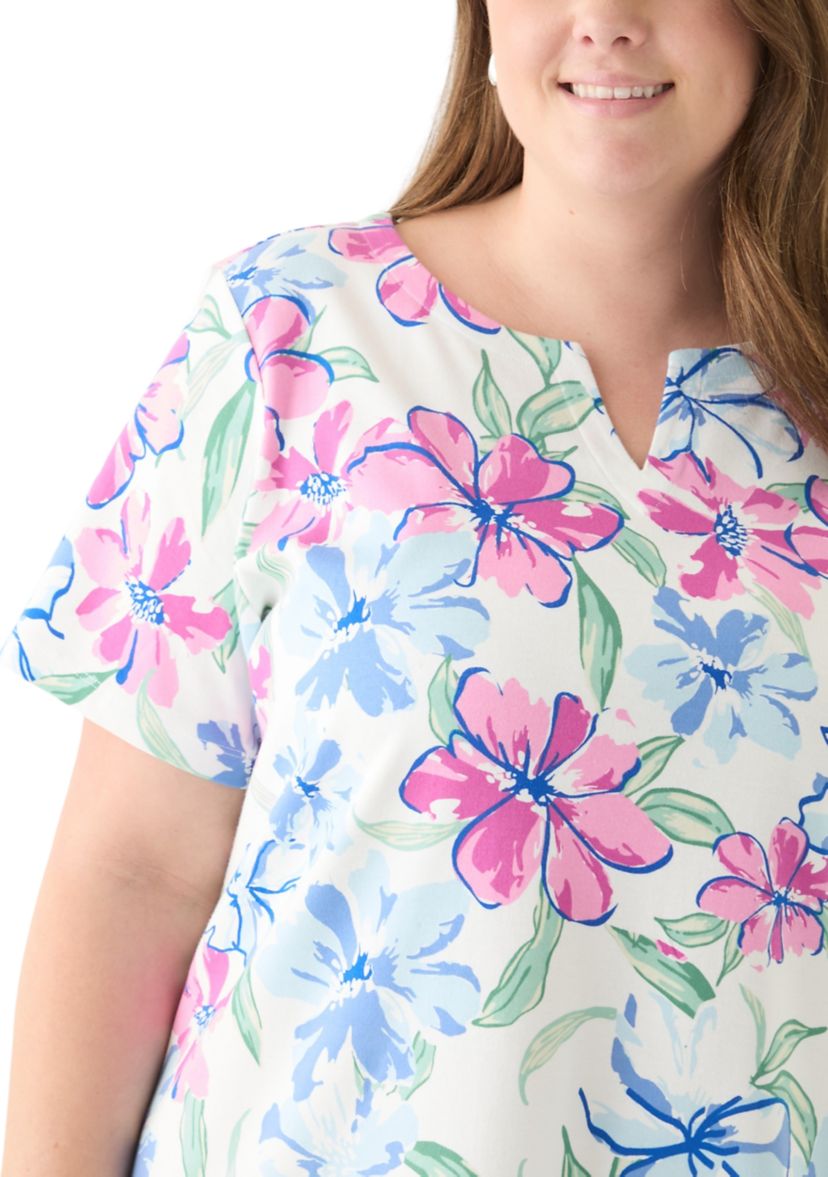 Plus Size Short Sleeve Split Neck Printed Top