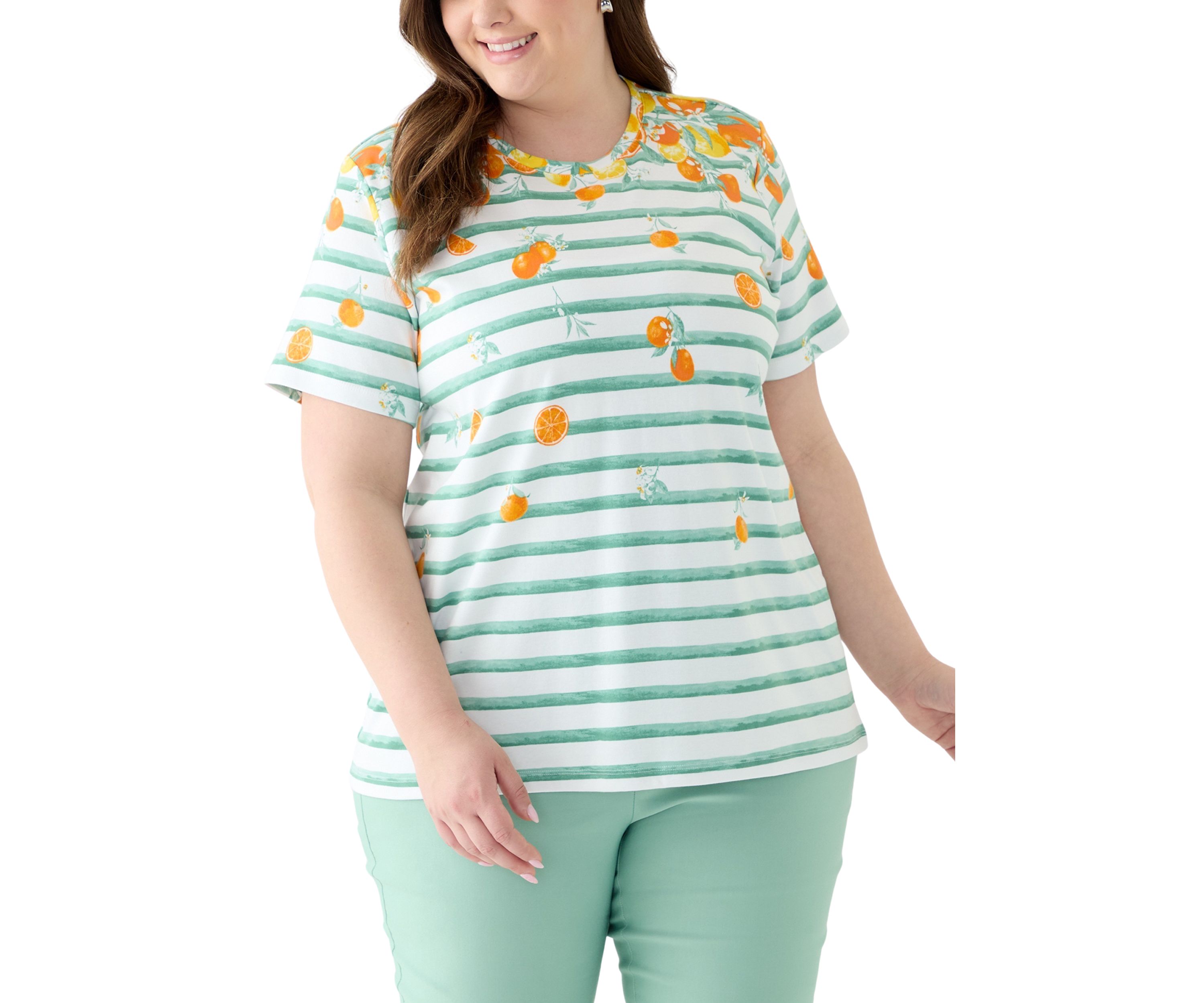 Plus Size Short Sleeve Crew Neck Placement Print with Stripe Shirt