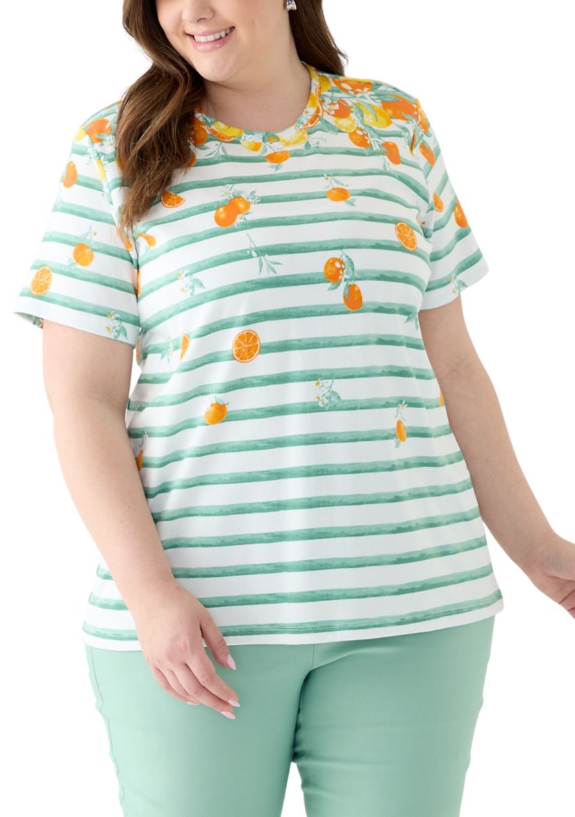 Plus Size Short Sleeve Crew Neck Placement Print with Stripe Shirt