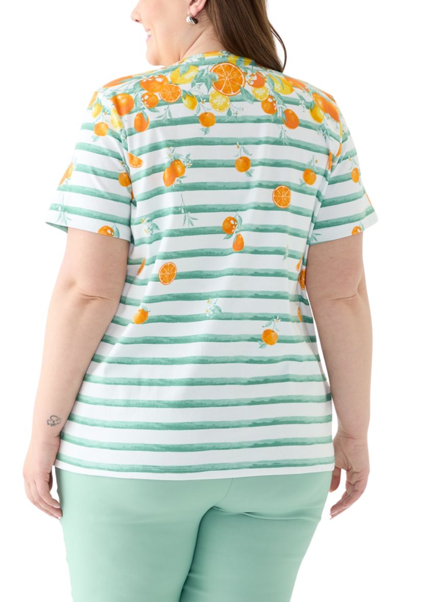 Plus Size Short Sleeve Crew Neck Placement Print with Stripe Shirt