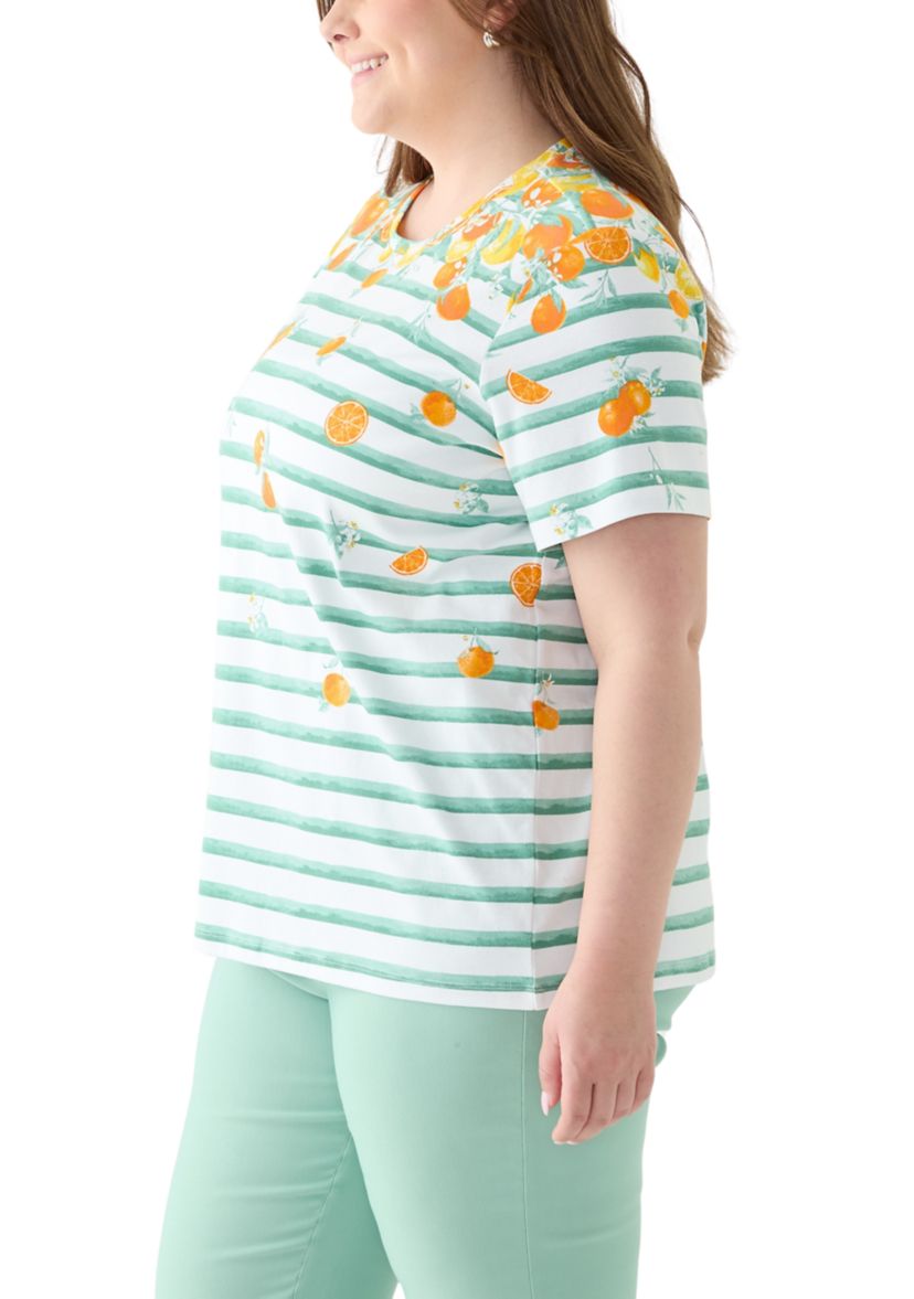 Plus Size Short Sleeve Crew Neck Placement Print with Stripe Shirt