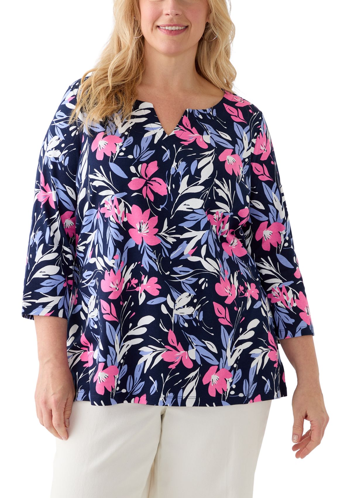 Plus Size Split Neck Printed Top 