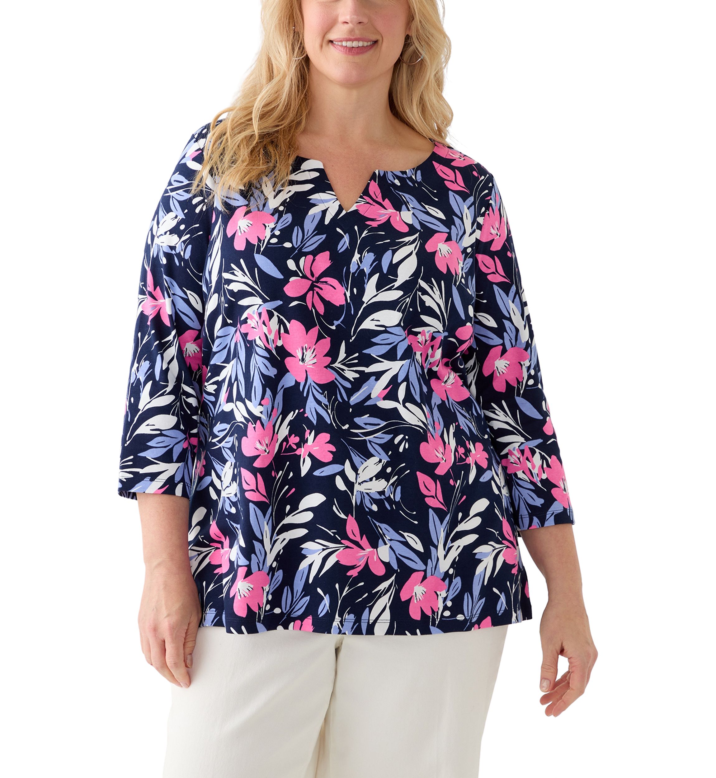 Plus Size Split Neck Printed Top 