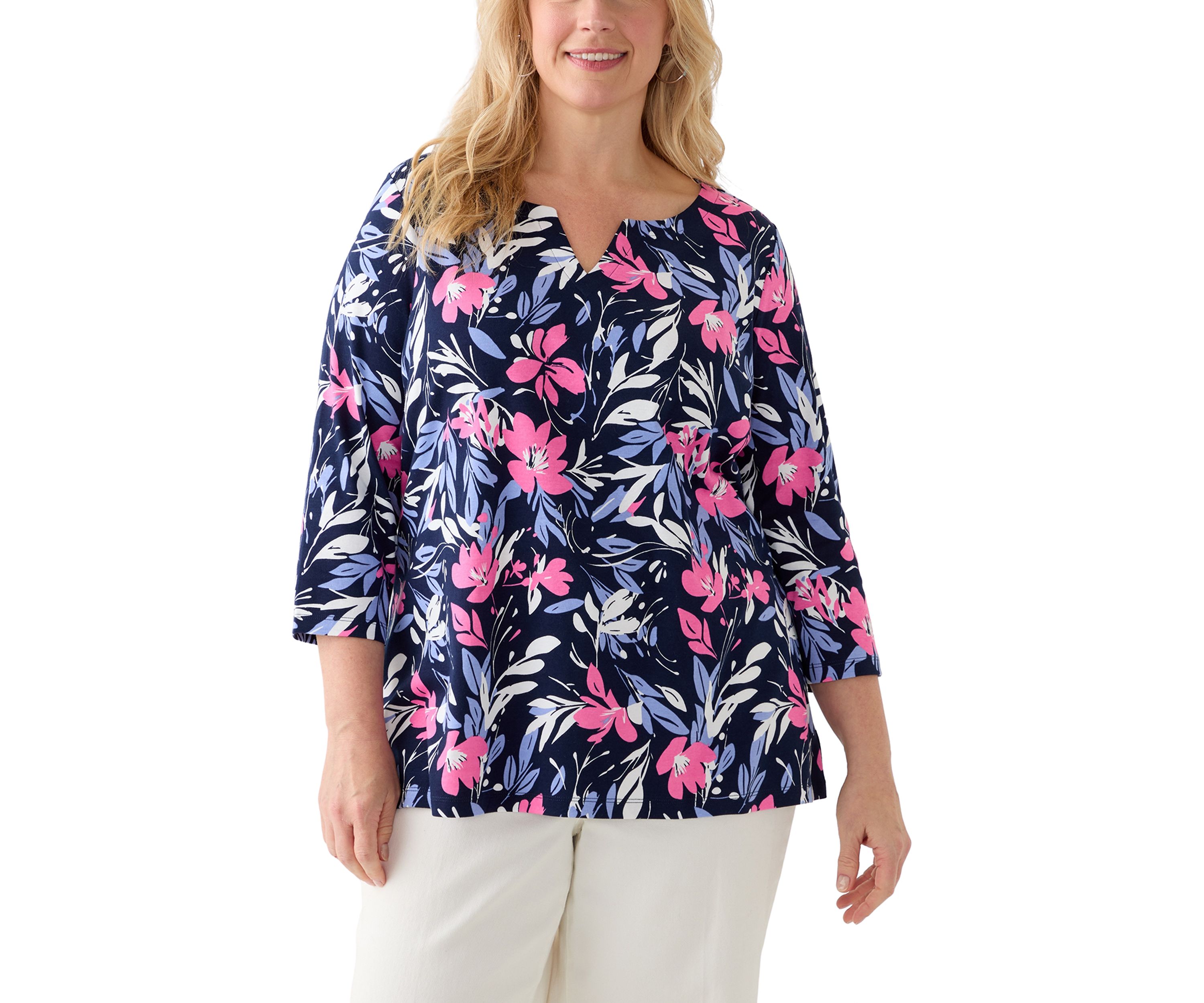 Plus Size Split Neck Printed Top 