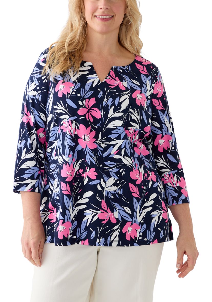 Plus Size Split Neck Printed Top 